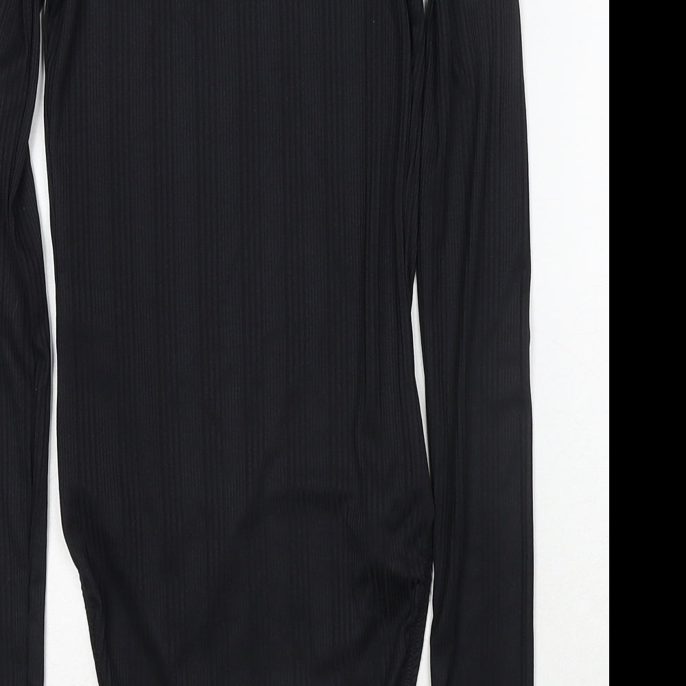 Brand and care label for Miss Selfridge women’s black polyester bodysuit one-piece, size UK 6, snap
