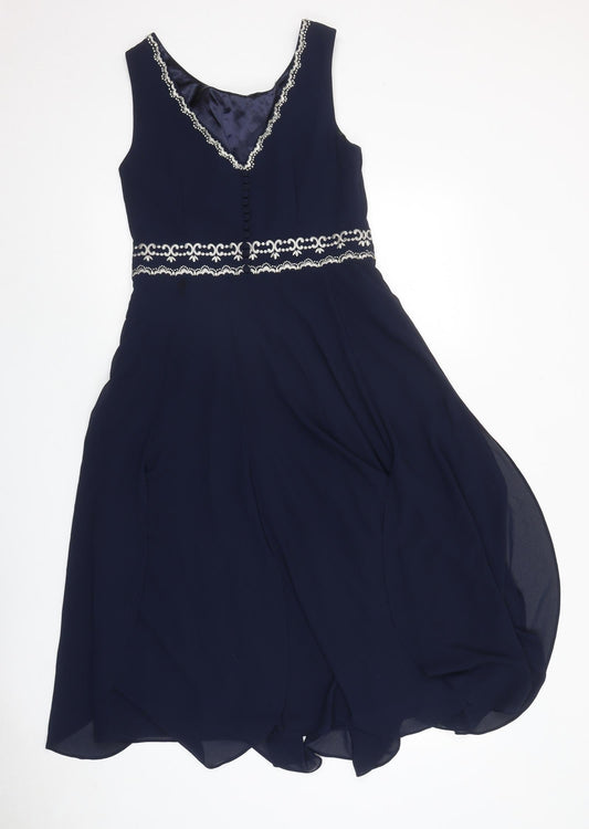 Monsoon Womens Blue Geometric Polyester Ball Gown Size 10 Round Neck Zip