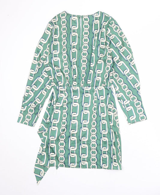 Zara Womens Green Geometric Polyester A-Line Size XS V-Neck Zip