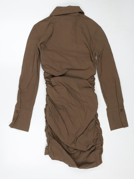 Zara Womens Brown Viscose Shirt Dress Size XS Collared Button
