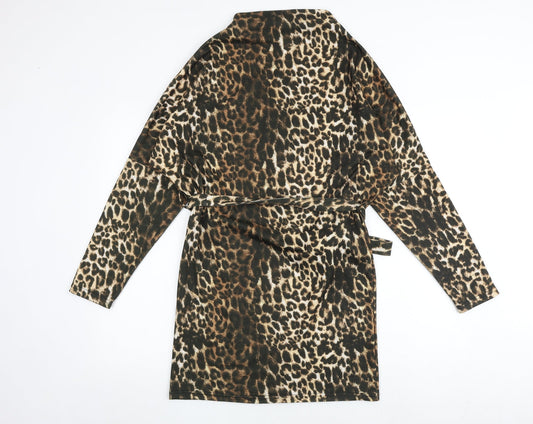 PRETTYLITTLETHING Womens Multicoloured Animal Print Polyester Fit & Flare Size 6 Mock Neck Tie - Leopard Print