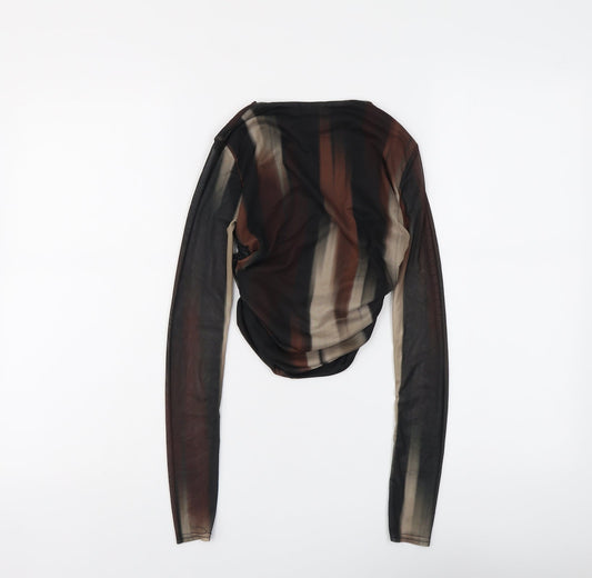 Boohoo Womens Black Geometric Polyester Cropped Blouse Size 6 Boat Neck - Ruched