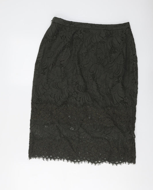 H&M Womens Green Floral Cotton A-Line Skirt Size 14 Zip