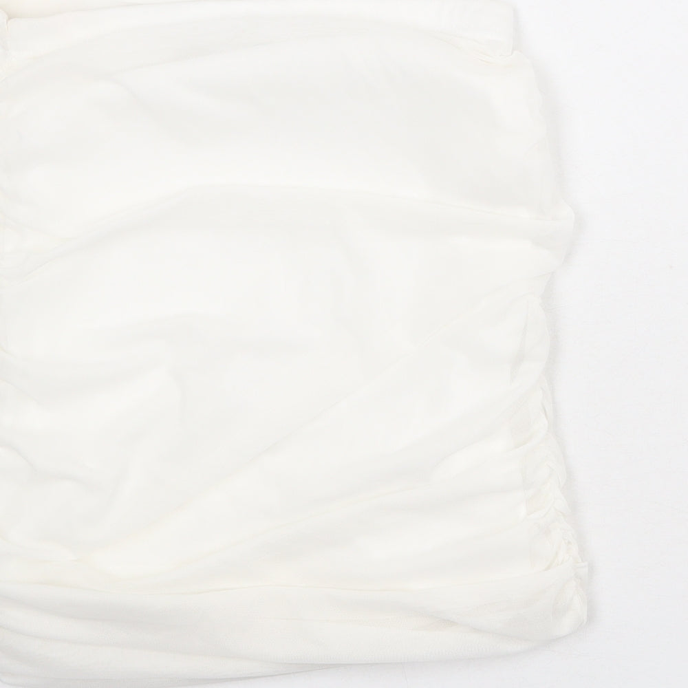 Brand and care label for I SAW IT FIRST women’s white polyester bandage skirt, size UK 12