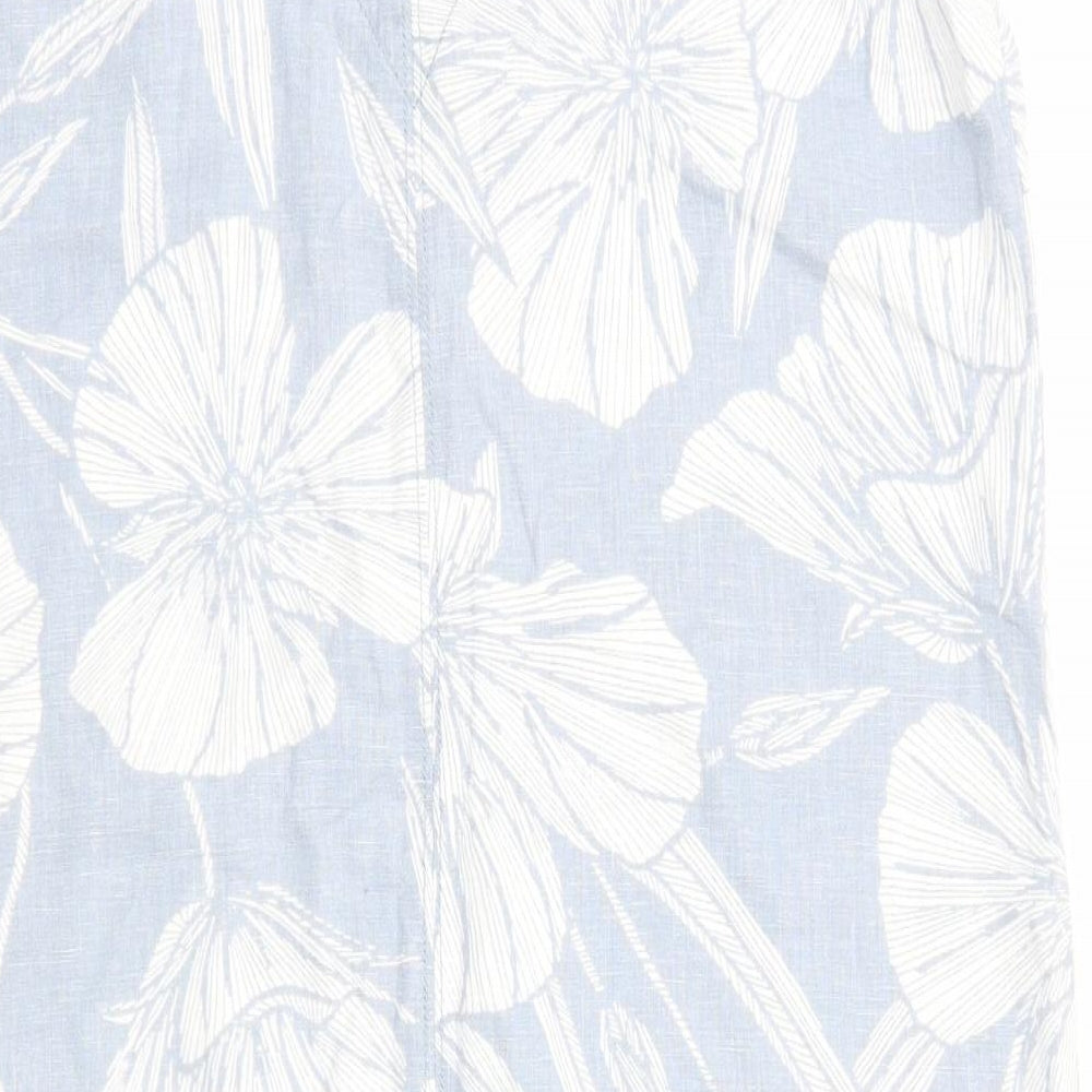 NEXT Womens Blue Floral Linen A-Line Size 8 V-Neck Pullover
