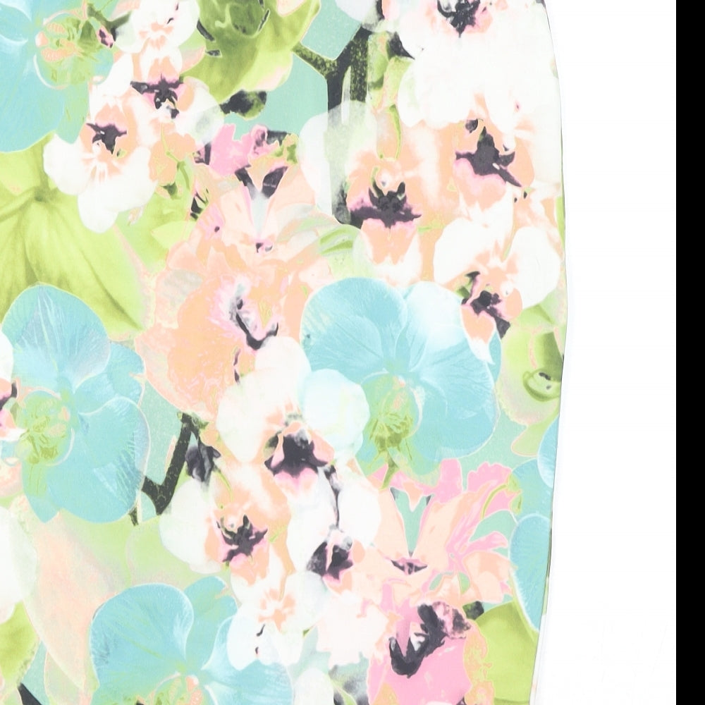 Brand and care label for Missguided women’s multicoloured floral polyester bandage skirt, size UK 12
