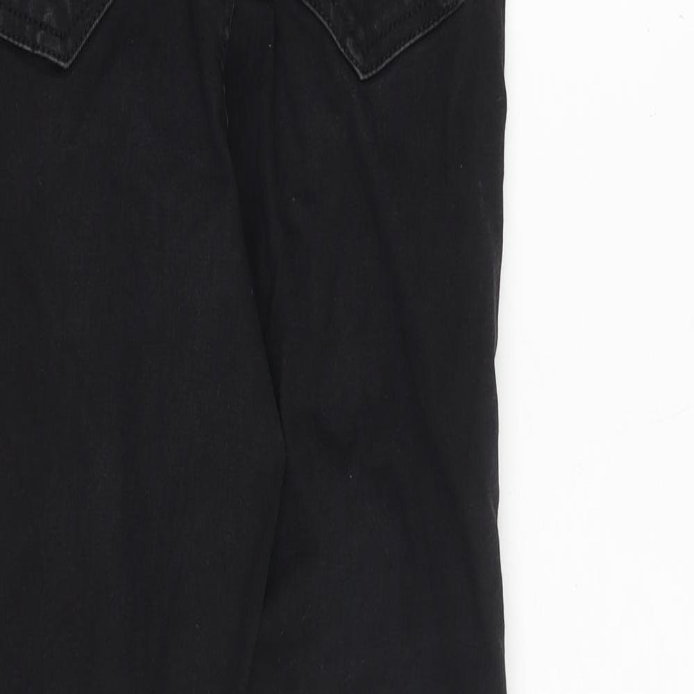 Brand and care label for ASOS women’s black cotton skinny jeans, size UK 28, in slim zip