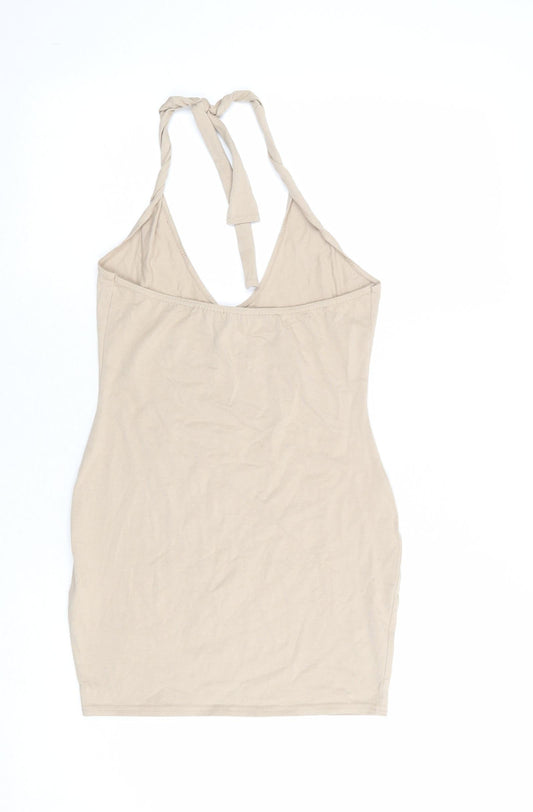 PRETTYLITTLETHING Womens Beige Cotton Shift Size 8 Halter Tie - Open Back