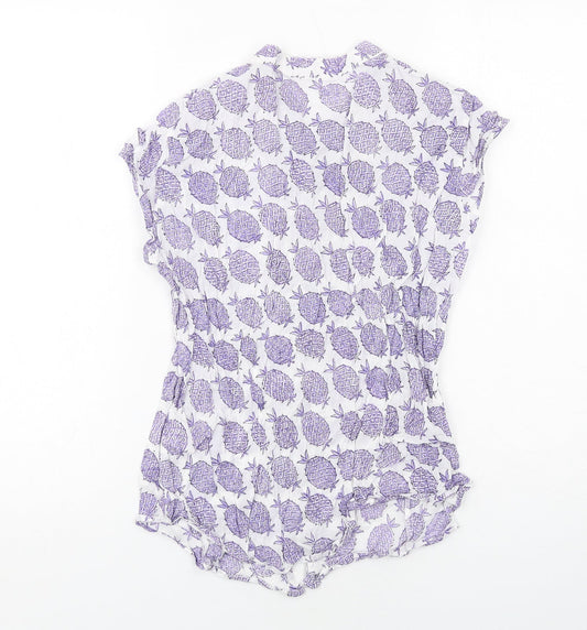 EAST Womens White Geometric Cotton Basic Button-Up Size 12 Round Neck - Pineapple