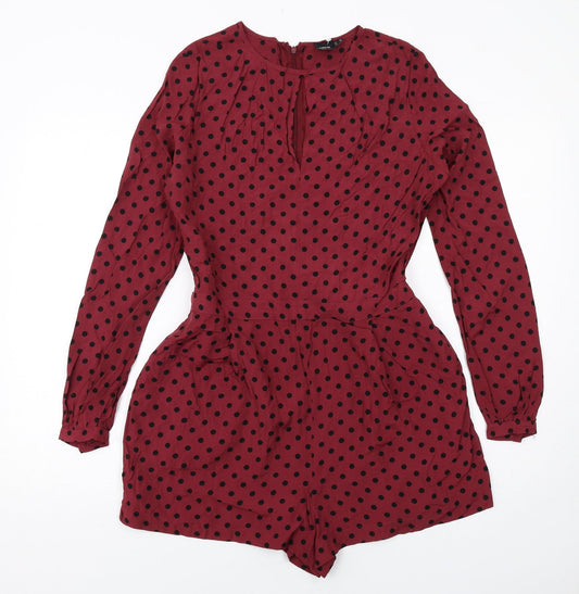 Additional front view of ASOS women’s red polka dot viscose playsuit one-piece, size UK 10, zip