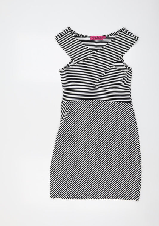Boohoo Womens Black Striped Polyester Bodycon Size 10 V-Neck Pullover