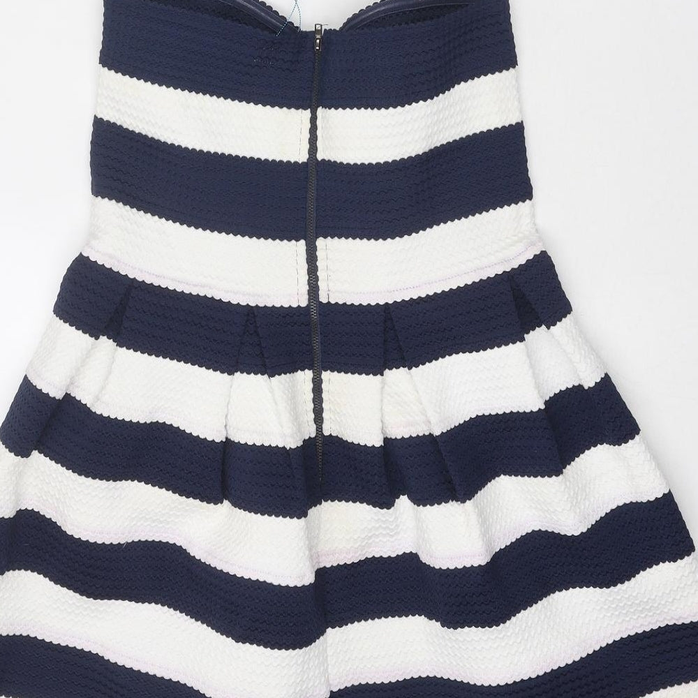 Blue Vanilla Womens Blue Striped Polyester A-Line Size S Off the Shoulder Zip