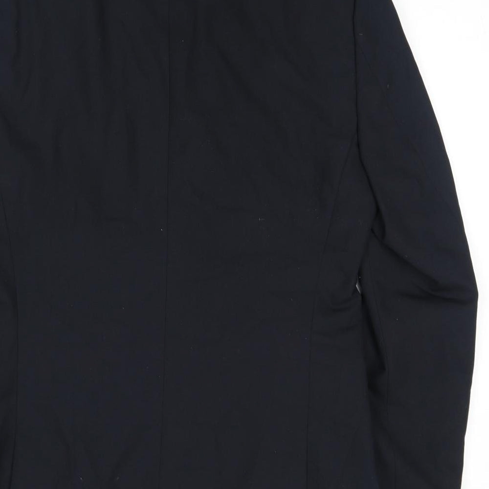 Brand and care label for ASOS men’s black polyester jacket suit jacket, size 38, regular