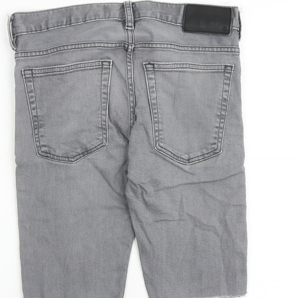 Brand and care label for French Connection men’s grey cotton chino shorts, size 28, in slim zip - frayed hem