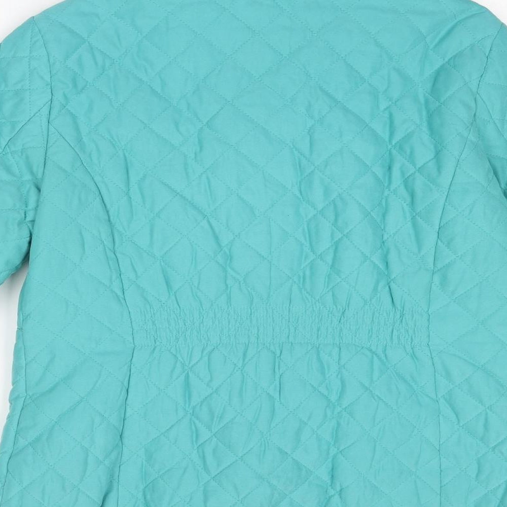 Brand and care label for Per Una women’s blue quilted jacket, size UK 12, zip