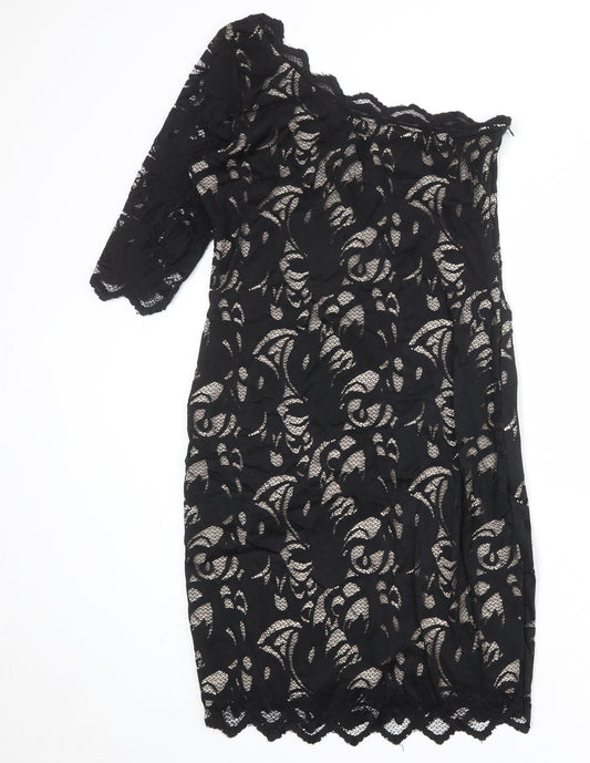H&M Womens Black Floral Polyamide A-Line Size M One Shoulder Zip