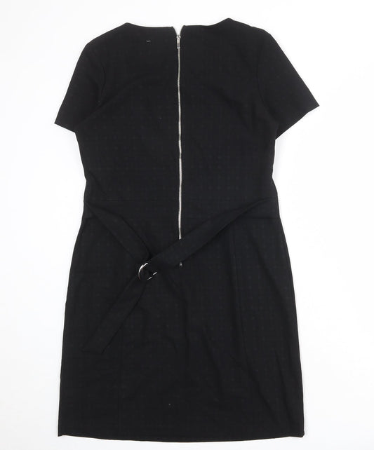 NEXT Womens Black Geometric Polyester Shift Size 12 Round Neck Zip