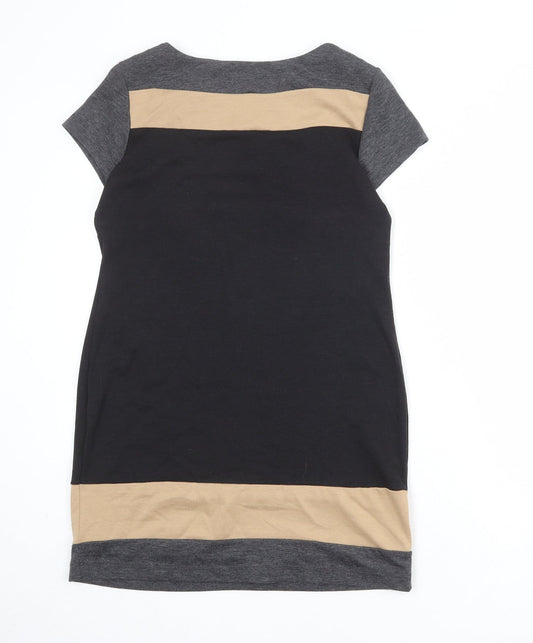 BHS Womens Black Colourblock Polyester Shirt Dress Size 10 Round Neck Button
