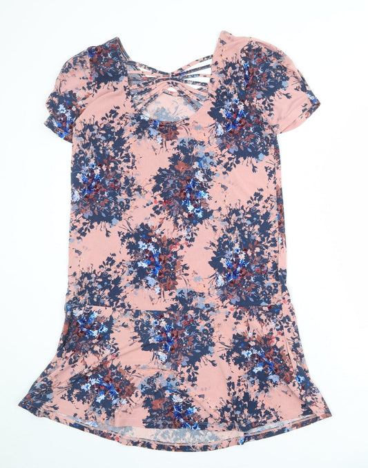 NEXT Womens Pink Floral Polyester T-Shirt Dress Size 10 Round Neck Pullover