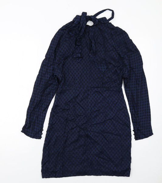 Zara Womens Blue Polka Dot Polyester A-Line Size XS Round Neck Zip