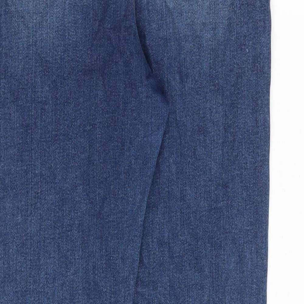 Brand and care label for ASOS women’s blue cotton skinny jeans, size UK 32, in, 32-inch leg slim zip