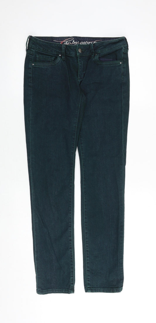 Additional front view of EDC women’s green cotton skinny jeans, size UK 28, in, 32-inch leg regular zip