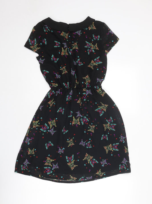 New Look Womens Black Geometric Polyester A-Line Size 8 Collared Button - Butterfly Pattern