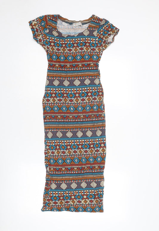 Cameo Rose Womens Multicoloured Geometric Viscose Bodycon Size S Boat Neck Pullover