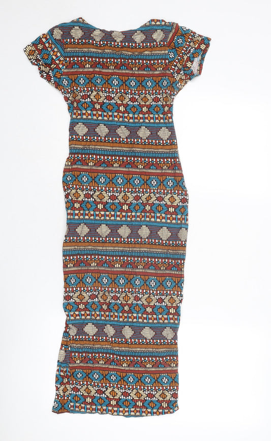 Cameo Rose Womens Multicoloured Geometric Viscose Bodycon Size S Boat Neck Pullover