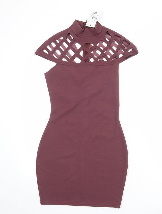 Additional front view of In the Style women’s purple polyester bodycon, size UK 10, round neck zip