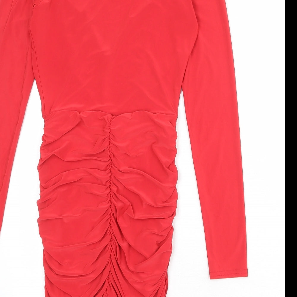 PRETTYLITTLETHING Womens Red Polyester Bodycon Size 8 V-Neck Pullover