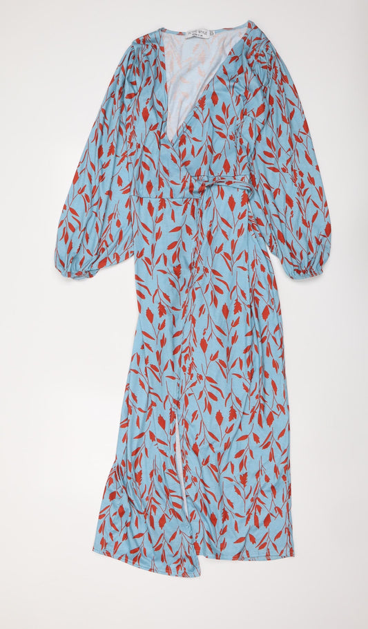 Additional front view of In the Style women’s blue geometric polyester wrap dress, size UK 4, v-neck tie - leaf pattern