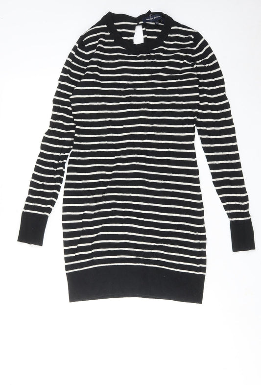 Additional front view of French Connection women’s black striped cotton jumper dress, size UK 10, round neck pullover