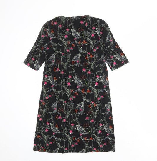 Topshop Womens Black Floral Viscose A-Line Size 10 V-Neck Lace Up