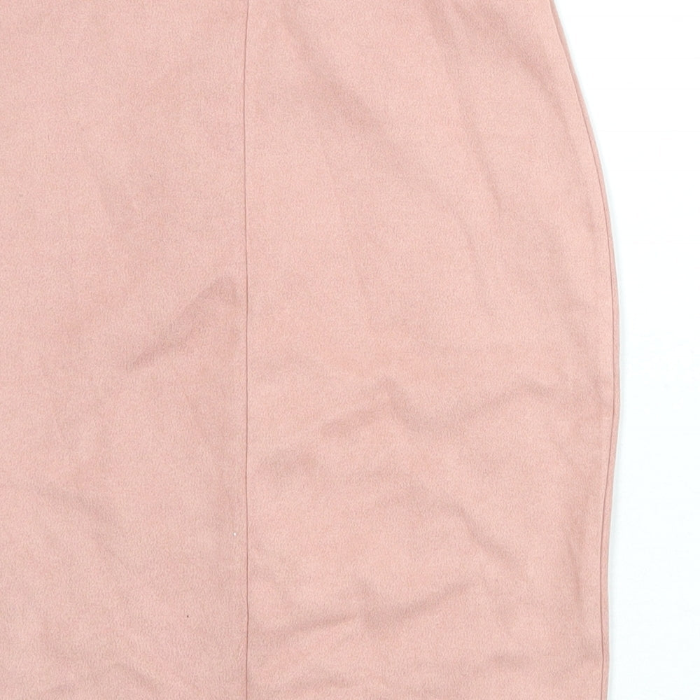 Brand and care label for Missguided women’s pink polyester straight & pencil skirt, size UK 6