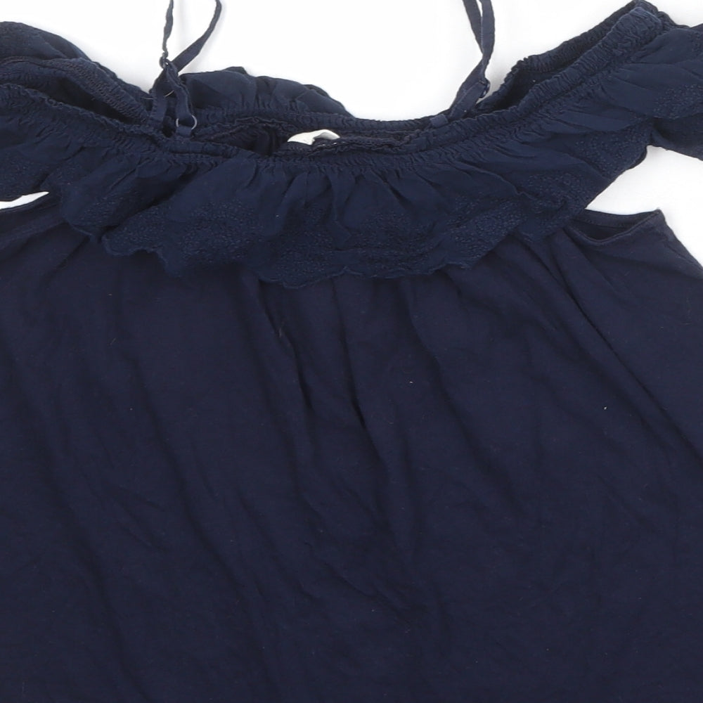Brand and care label for Gap girls’ blue 100% cotton basic blouse, size L, square neck pullover - cold shoulder