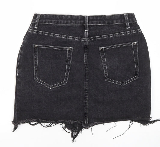 PRETTYLITTLETHING Womens Black Cotton Mini Skirt Size 10 Zip - Distressed look