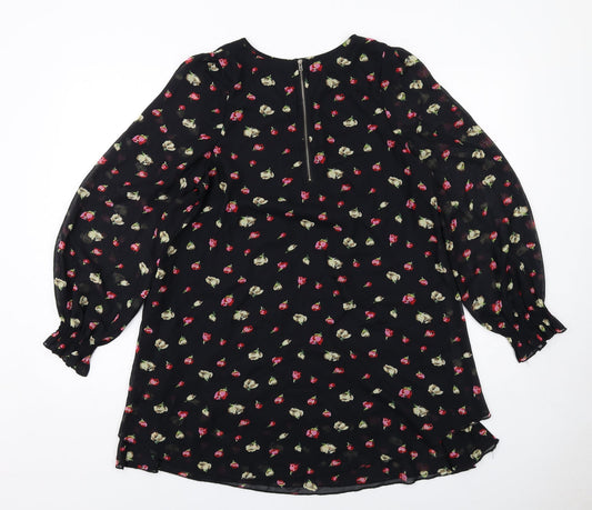Select Womens Black Floral Polyester Trapeze & Swing Size 14 Boat Neck Zip