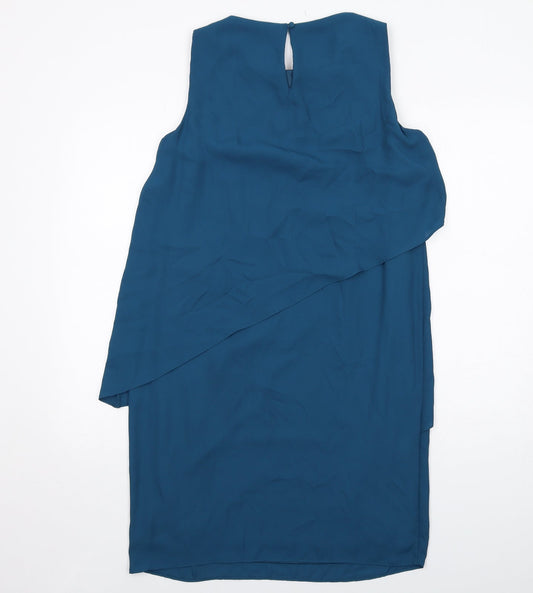 M&Co Womens Blue Polyester Sheath Size 12 Boat Neck Button - Embellished Neckline