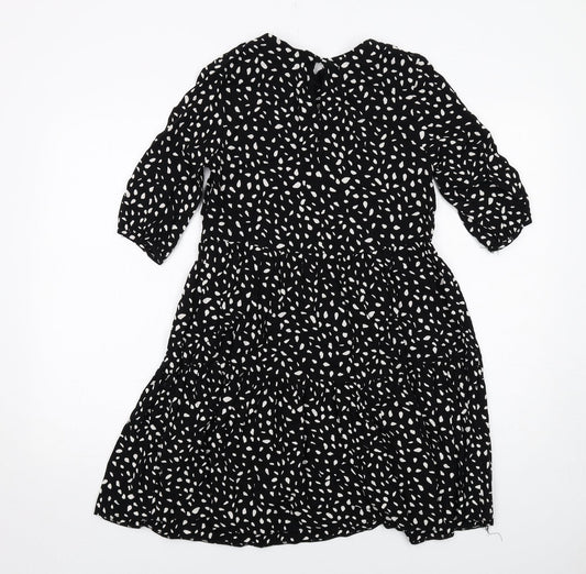 New Look Womens Black Geometric Viscose Fit & Flare Size 8 Boat Neck Button