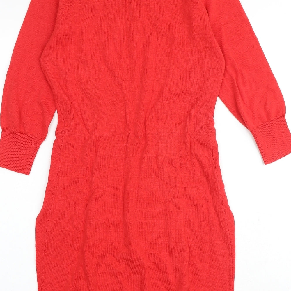 Brand and care label for ASOS women’s red 100% cotton sheath, size UK 10, boat neck pullover