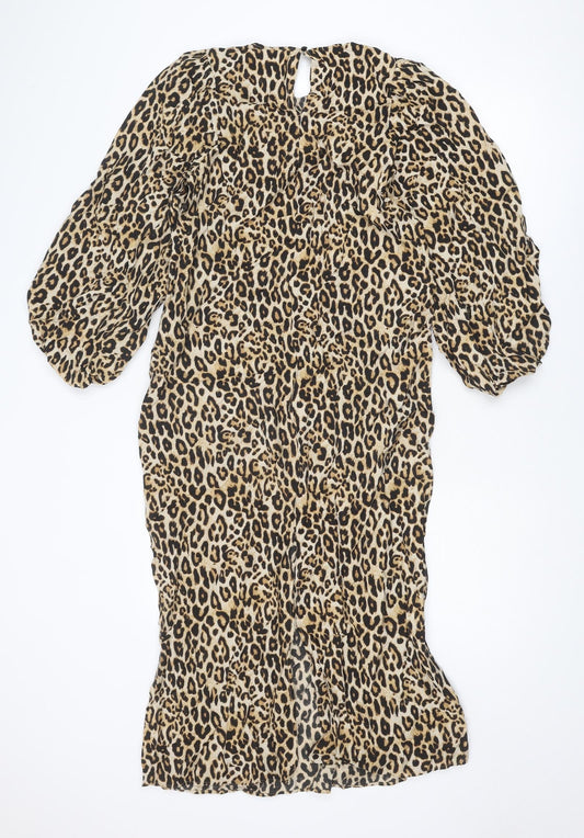 H&M Womens Brown Animal Print Viscose Sheath Size XS Round Neck Button - Leopard Print