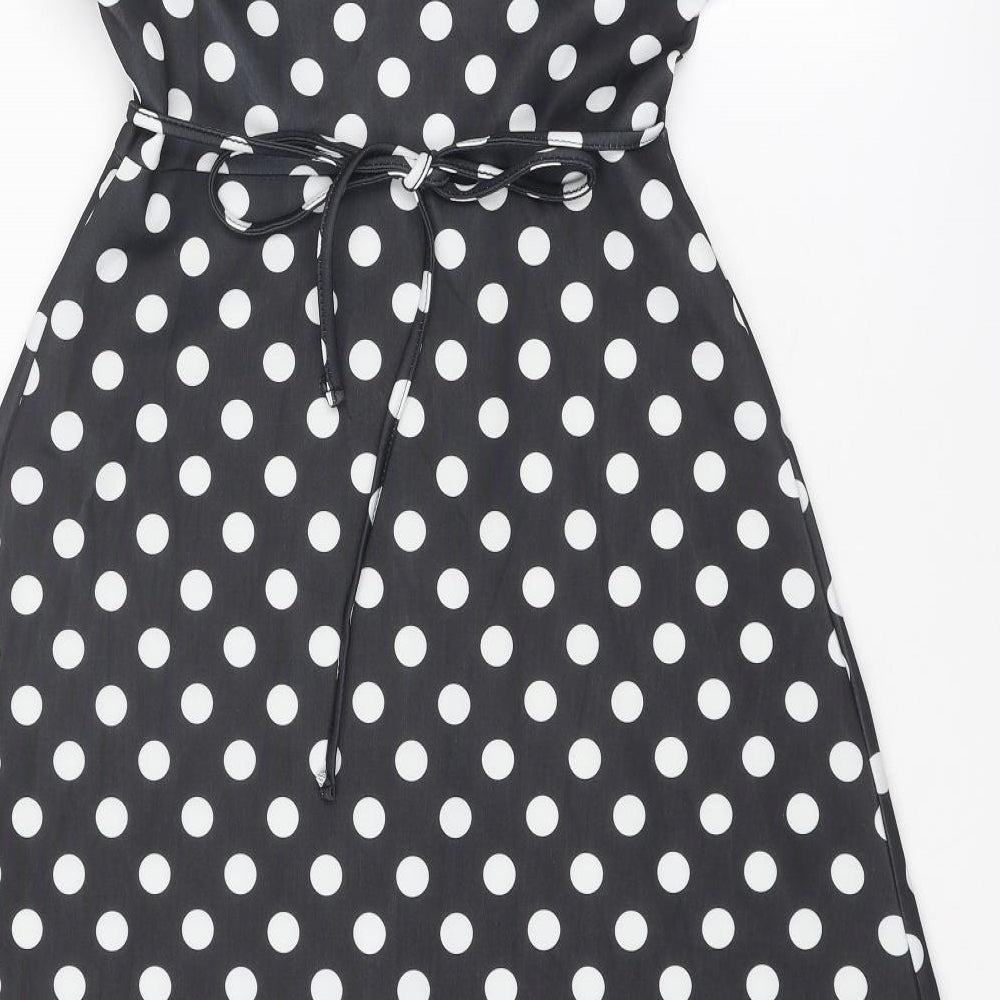 Boohoo Womens Black Polka Dot Polyester A-Line Size 8 V-Neck Tie