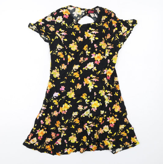 Motel Womens Black Floral Viscose A-Line Size S Round Neck Zip
