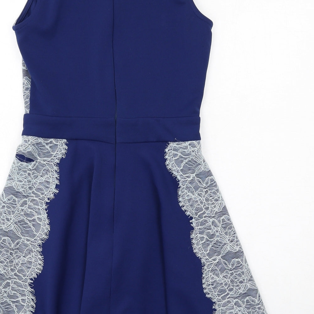 Brand and care label for ASOS women’s blue polyester skater dress, size UK 12, round neck zip - lace details