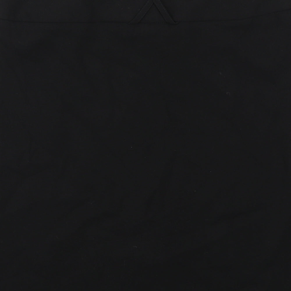 Brand and care label for Miss Selfridge women’s black polyester a-line skirt, size UK 10, zip