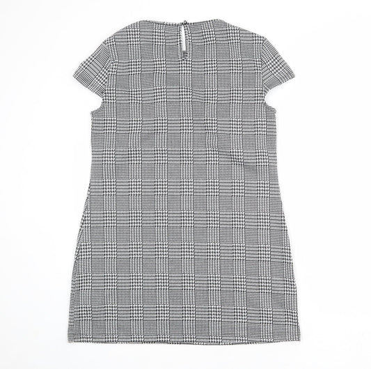 Dorothy Perkins Womens Grey Plaid Polyester A-Line Size 12 Round Neck Button - Flower Detail