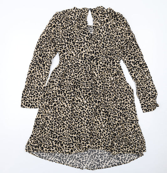 ASOS Womens Beige Animal Print Viscose A-Line Size 12 Round Neck Zip - Leopard Print , Twist Detail