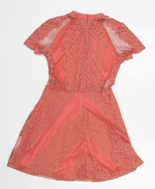 Glamorous Womens Pink Geometric Polyester Fit & Flare Size S Round Neck Zip