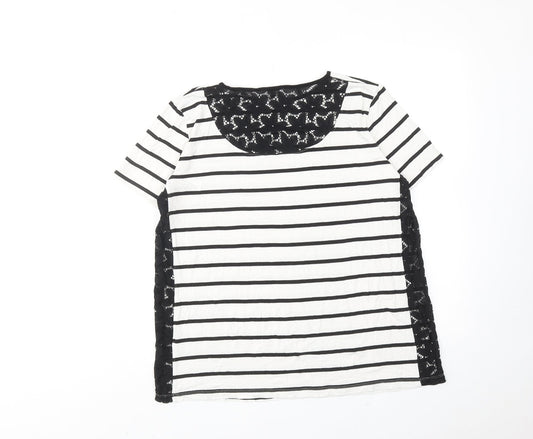 ASOS Womens White Striped Viscose Basic T-Shirt Size 12 Round Neck - Lace Details